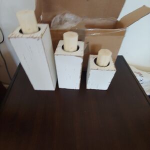 3 Piece Wooden Candle holder Set New In Box.  Distressed Design